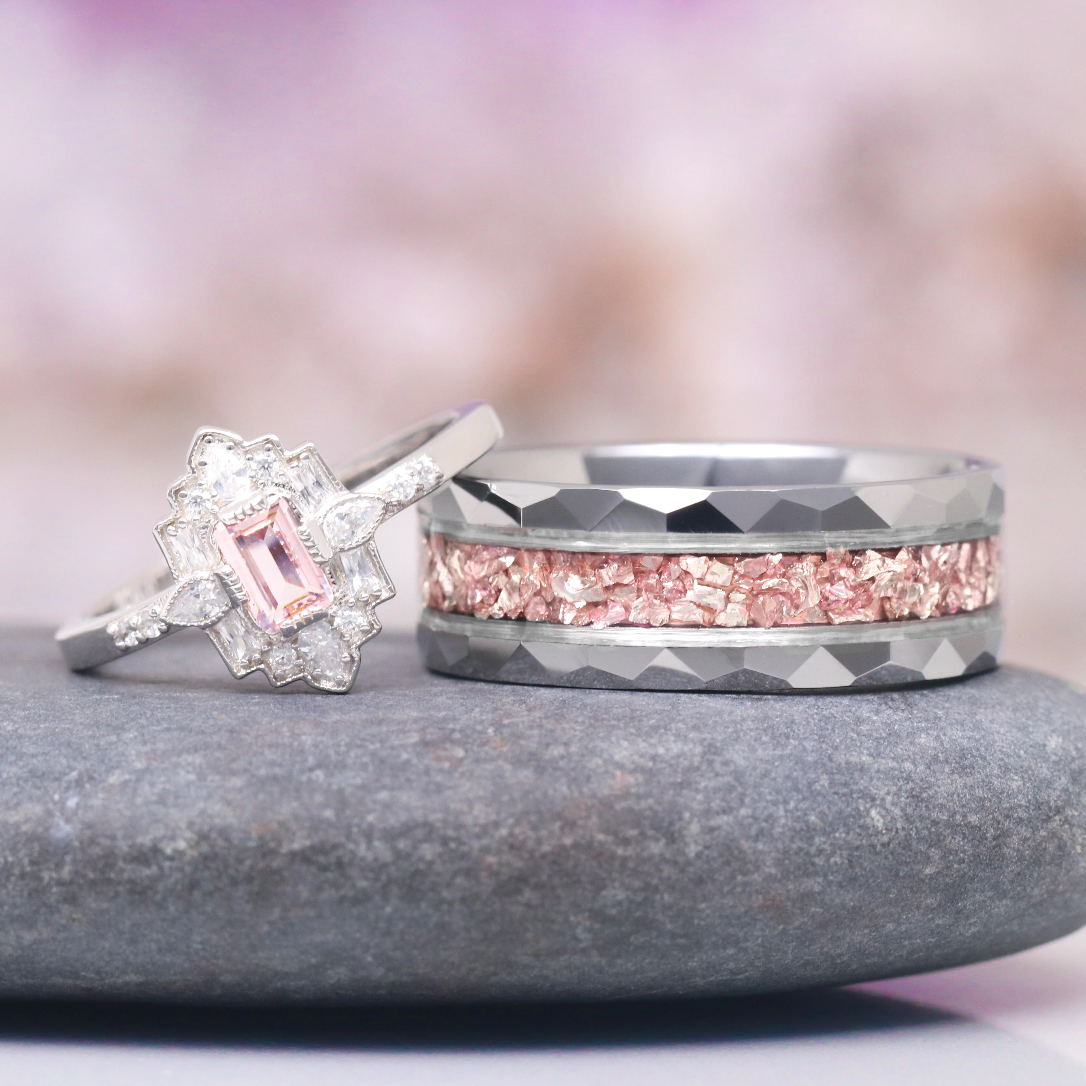 Crushed Morganite Hammered Wedding Band in Tungsten Carbide (8mm) - Image 4