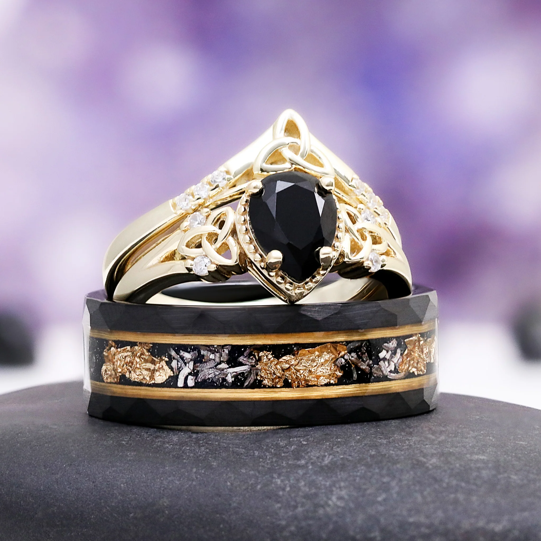Celtic Knot Black Onyx Engagement Ring Set in Solid 14K Yellow Gold - Image 3