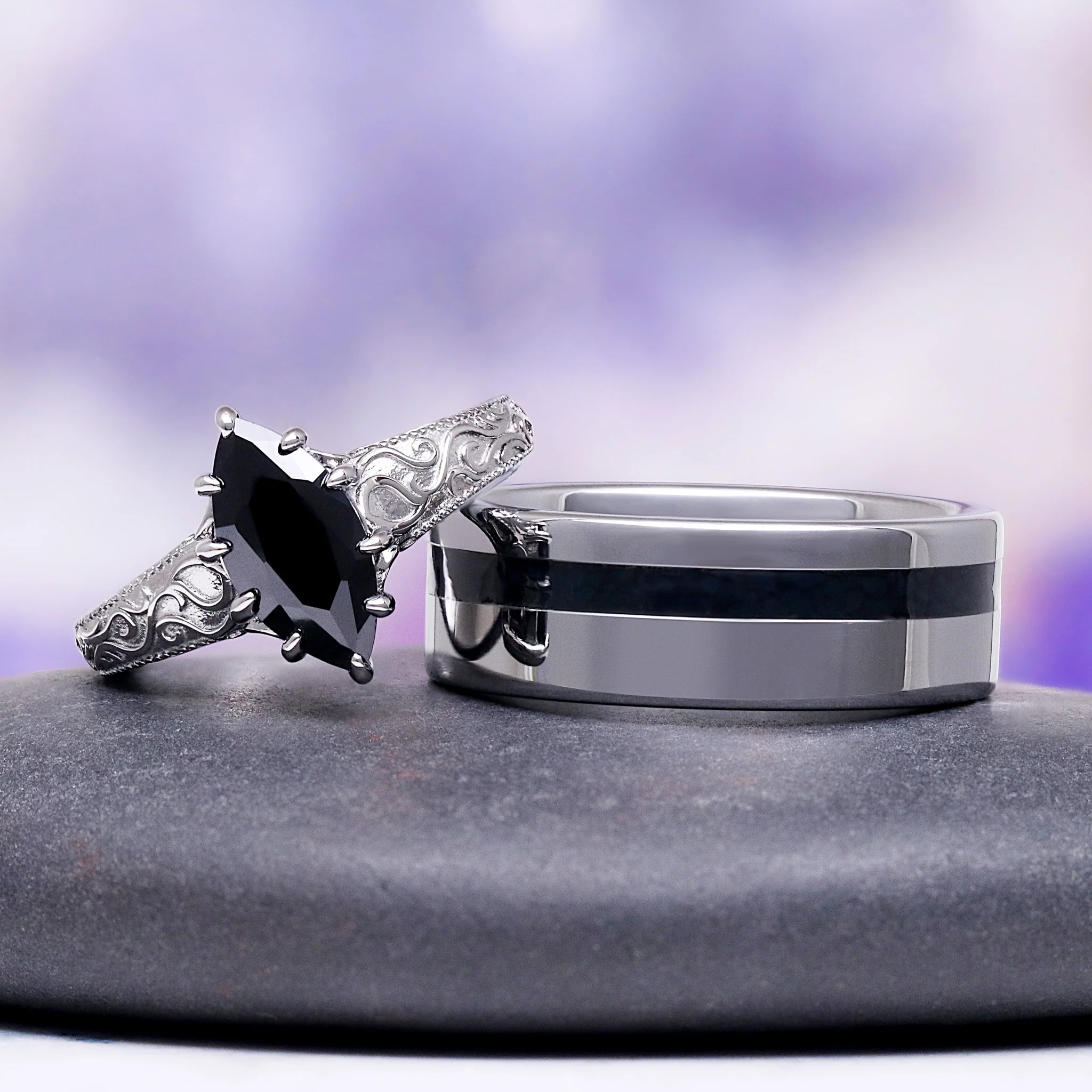 Victorian Gothic Scrollwork Black Onyx Ring in Black Ruthenium - Image 3