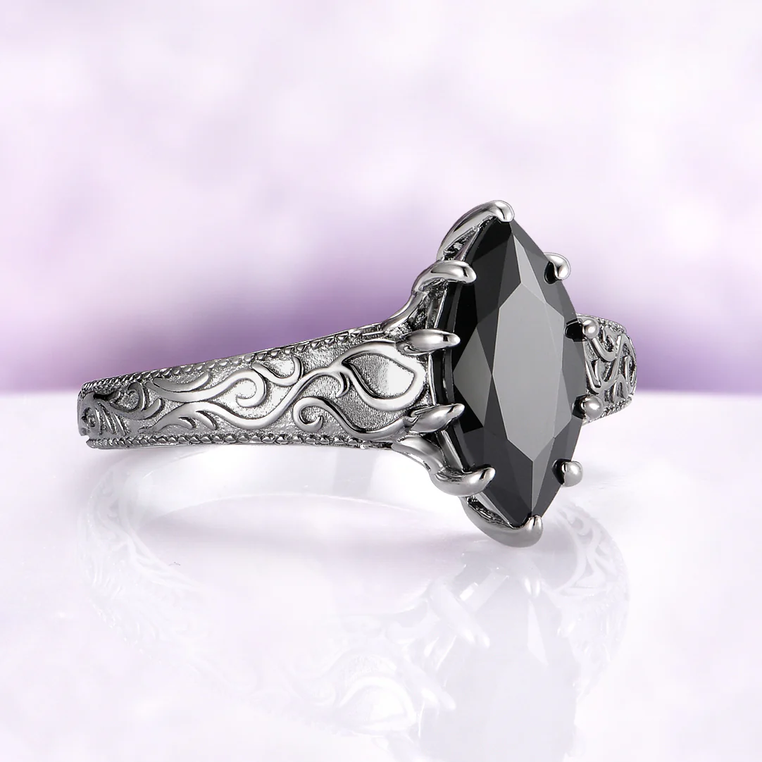 Victorian Gothic Scrollwork Black Onyx Ring in Black Ruthenium - Image 4