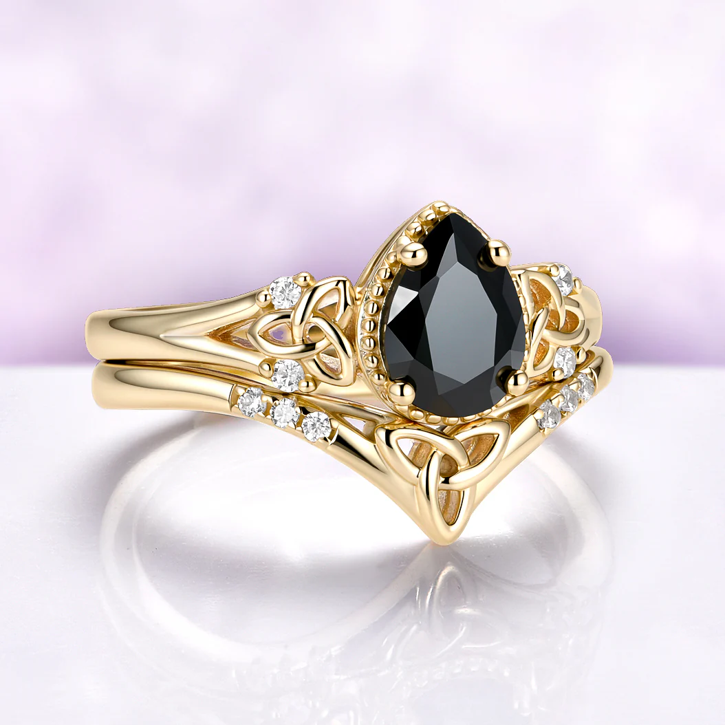 Celtic Knot Black Onyx Engagement Ring Set in Solid 14K Yellow Gold - Image 4