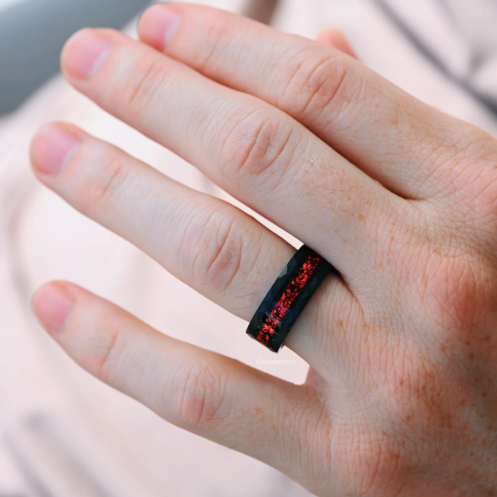 Crushed Red Garnet Hammered Wedding Band in Black Tungsten Carbide (8mm) - Image 4