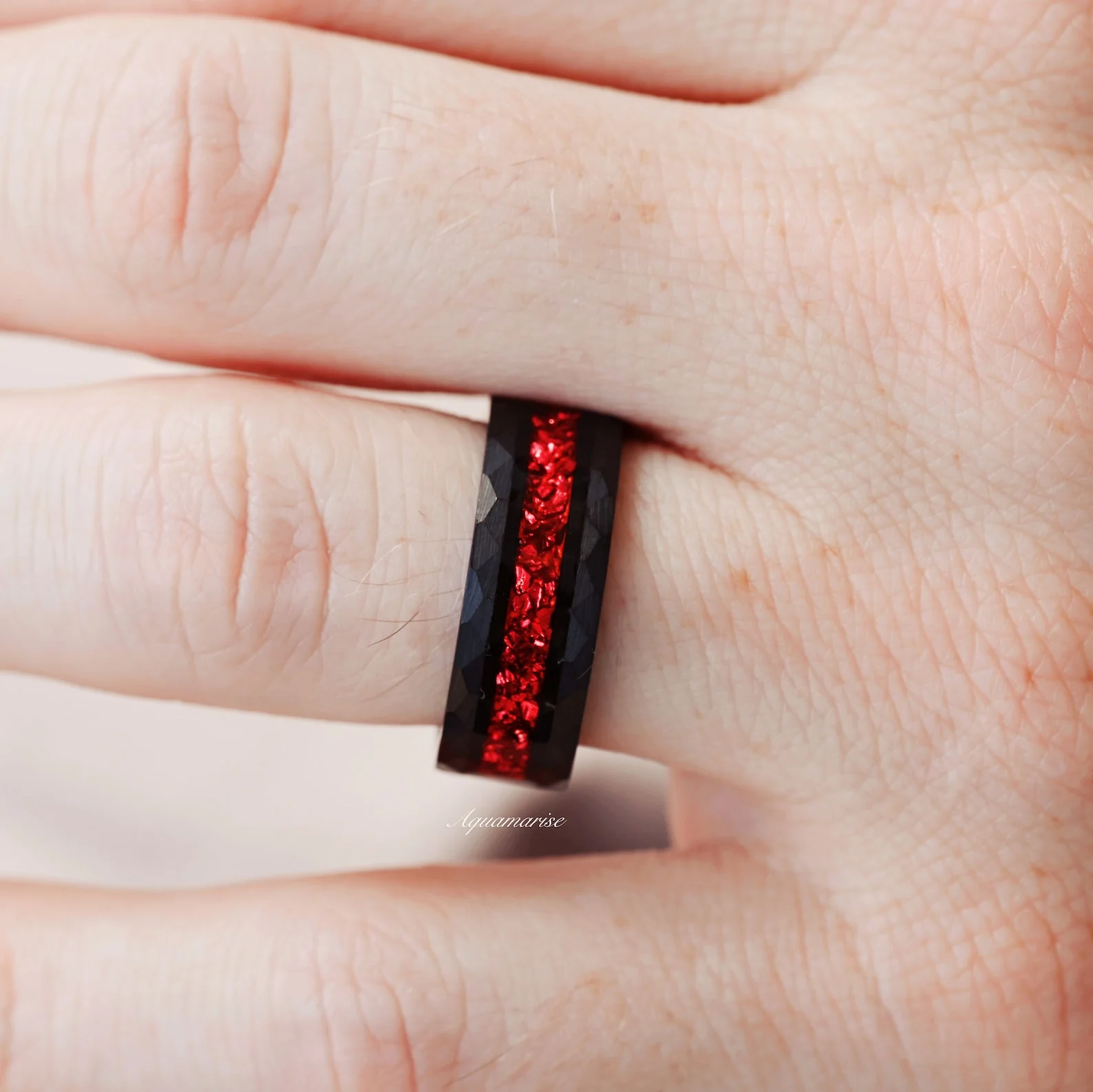 Crushed Red Garnet Hammered Wedding Band in Black Tungsten Carbide (8mm) - Image 5