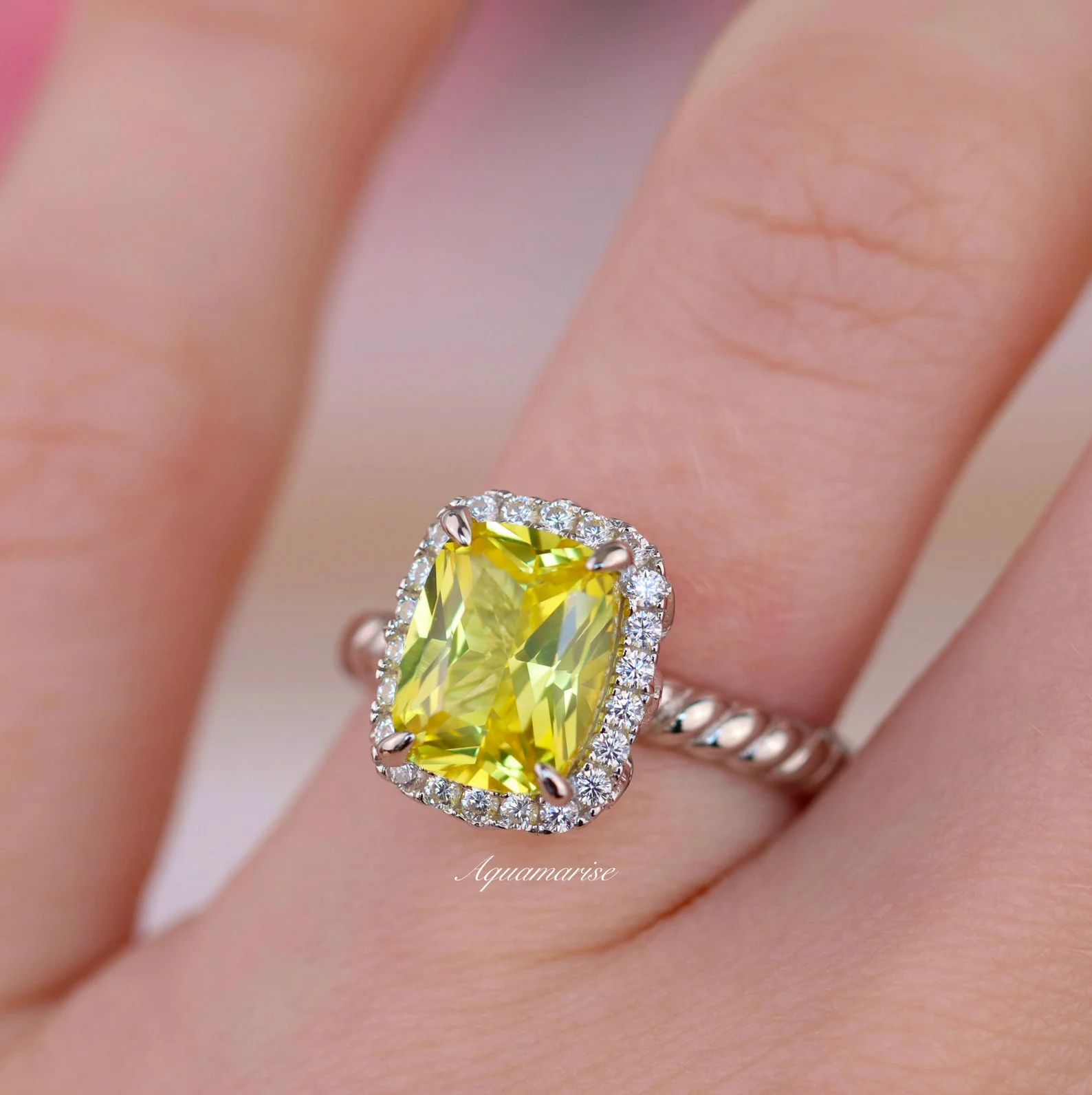 Elongated Cushion Yellow Sapphire Ring in Sterling Silver - Image 3
