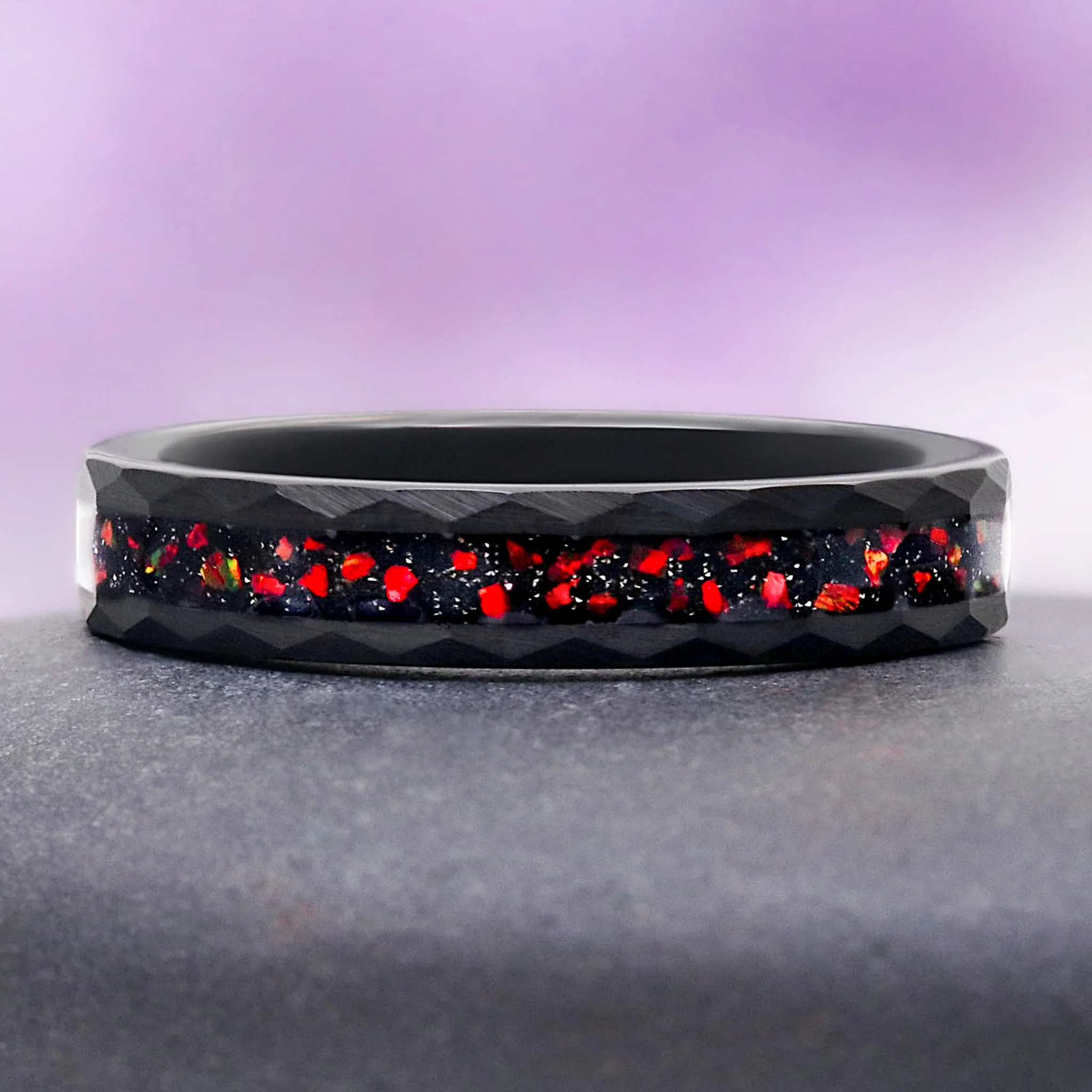 Galaxy Red Fire Opal Hammered Wedding Band in Black Tungsten Carbide (4mm) - Image 4