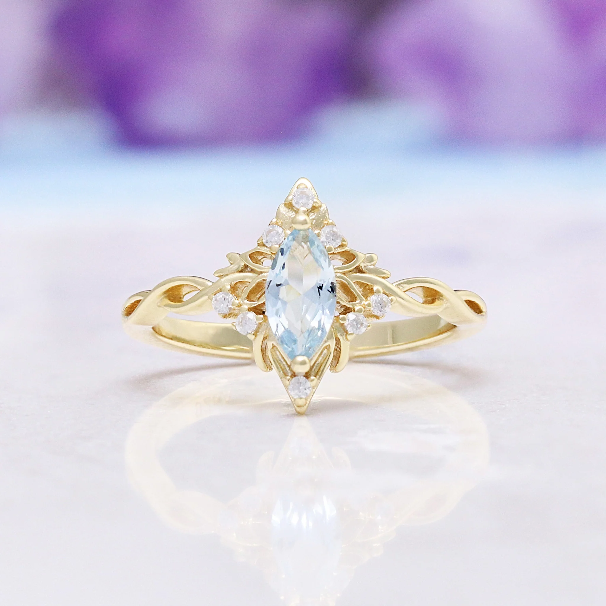 Siren Queen Marquise Aquamarine Lotus Ring in 14K Yellow Gold Vermeil - Image 3