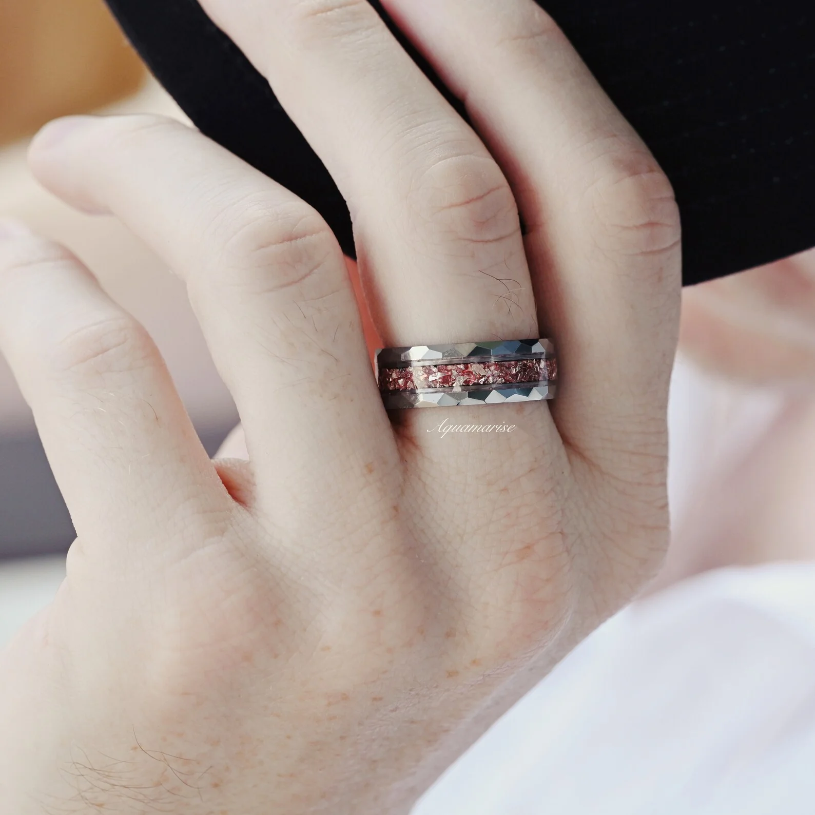 Crushed Morganite Hammered Wedding Band in Tungsten Carbide (8mm) - Image 5