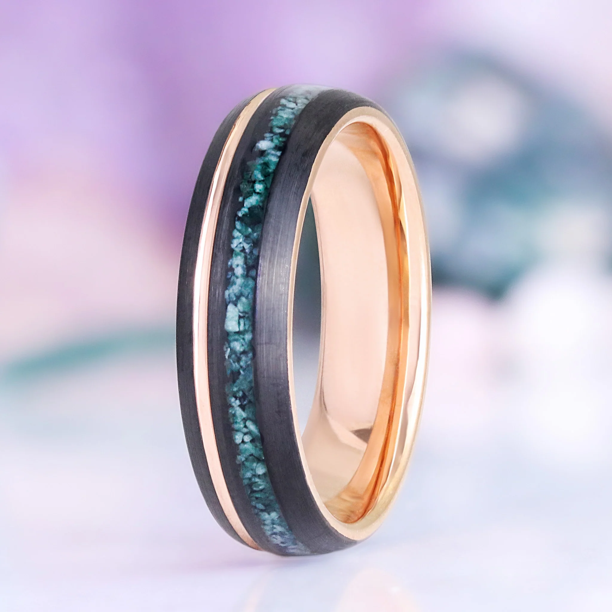Moss Agate Two Tone Black Rose Gold Tungsten Couples Ring Set - Image 3