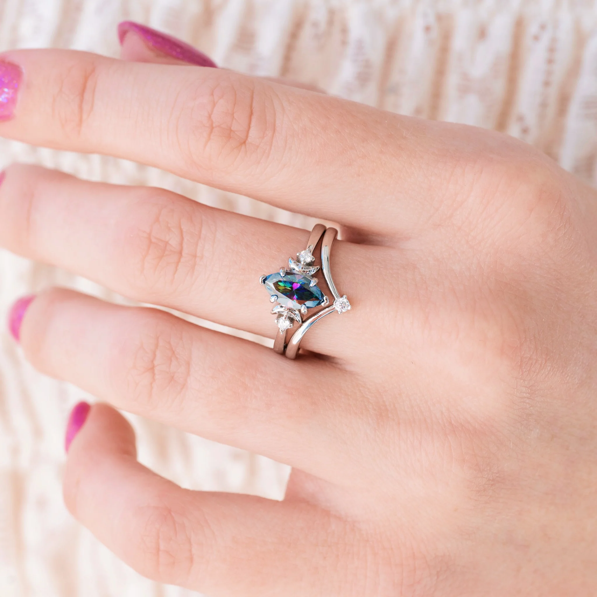 Mystic Moissanite Crescent Moon Ring Set in Sterling Silver - Image 3