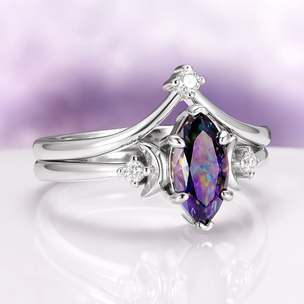 Mystic Moissanite Crescent Moon Ring Set in Sterling Silver - Image 4