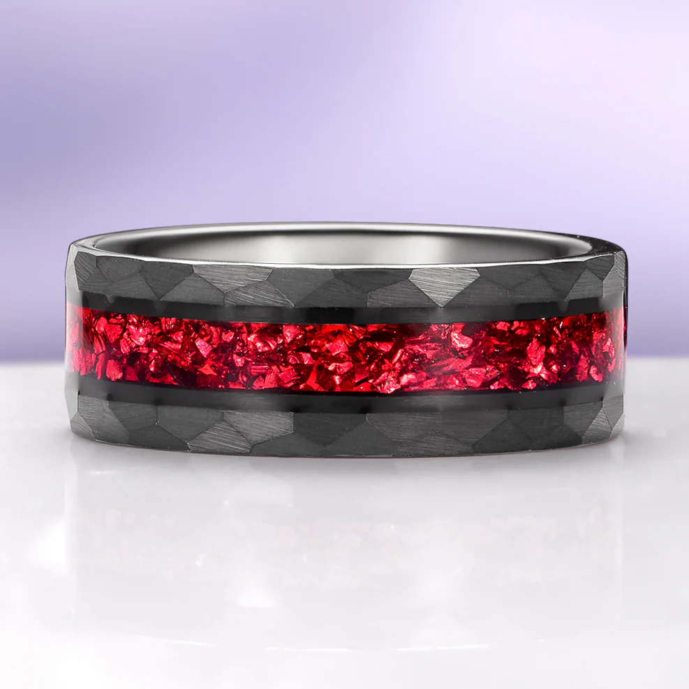 Crushed Red Garnet Hammered Wedding Band in Black Tungsten Carbide (8mm) - Image 6