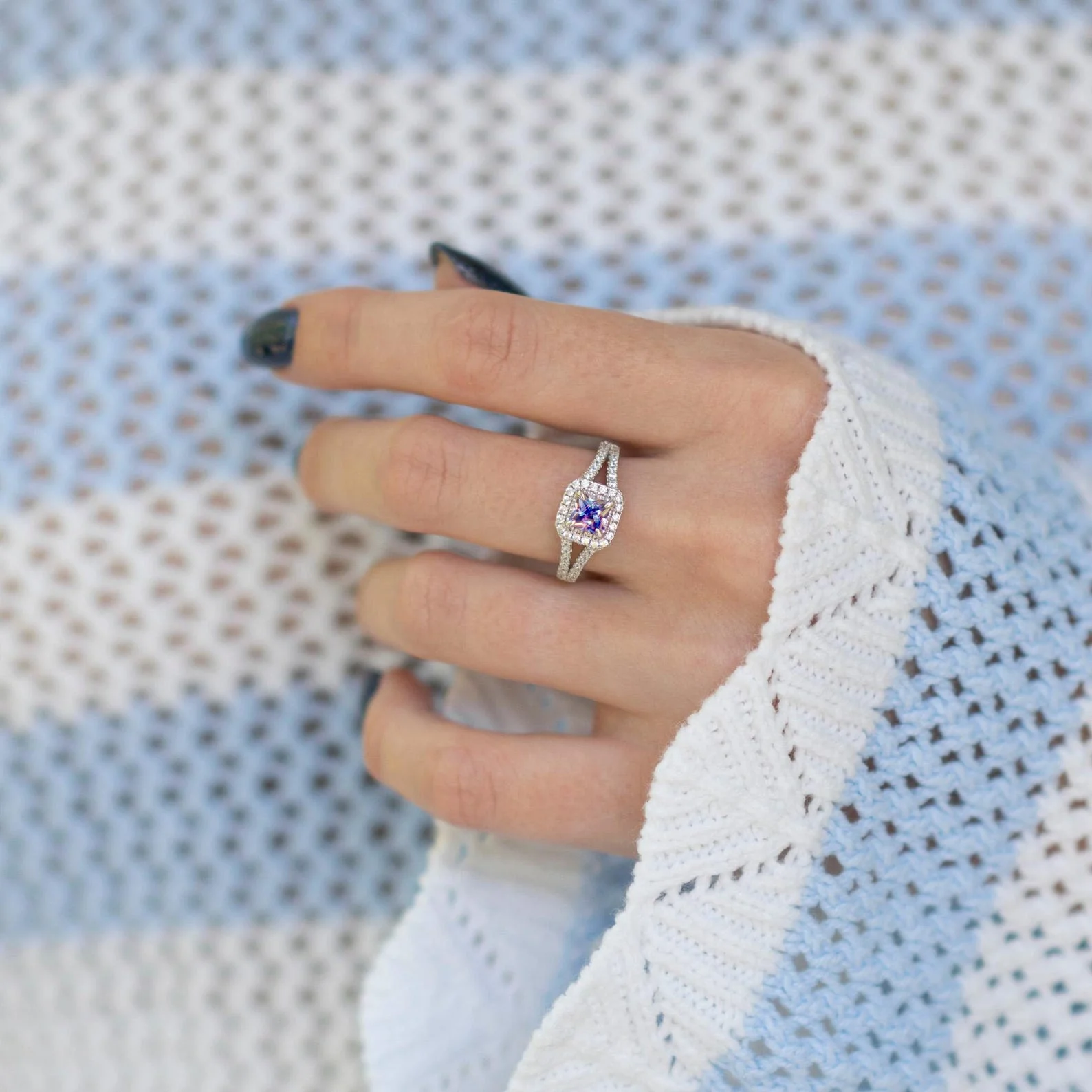 Split Shank Halo Alexandrite Engagement Ring in Sterling Silver - Image 3
