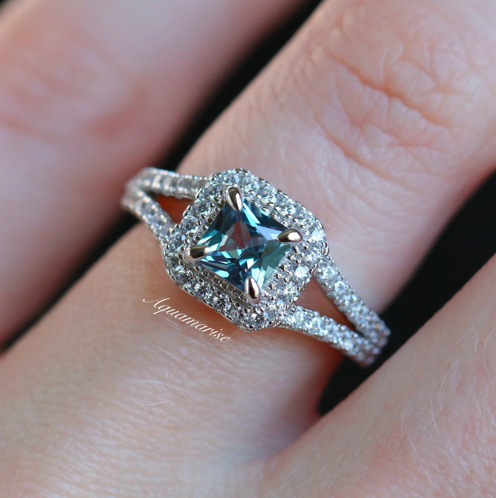 Split Shank Halo Alexandrite Engagement Ring in Sterling Silver - Image 4